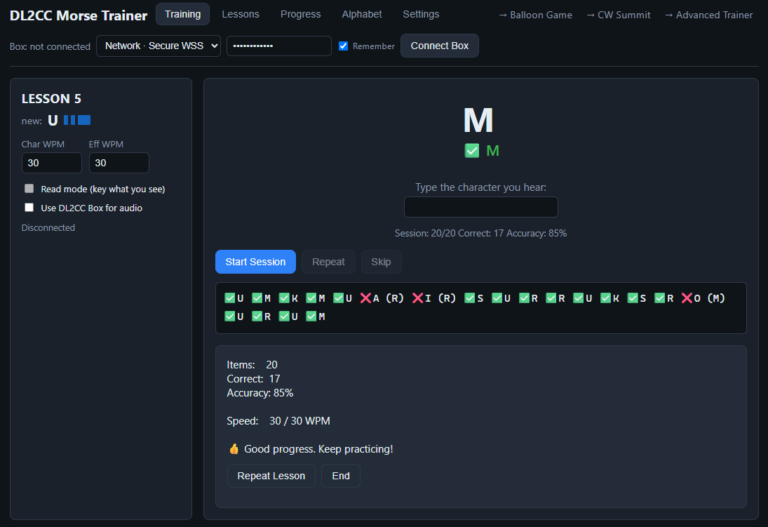 Web Morse Trainer Koch lesson session