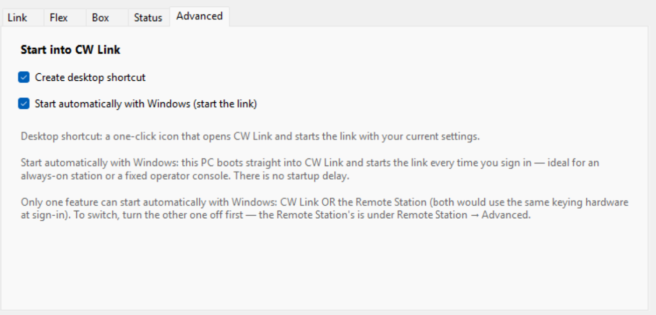 CW Link Advanced tab with the desktop shortcut and Windows autostart checkboxes