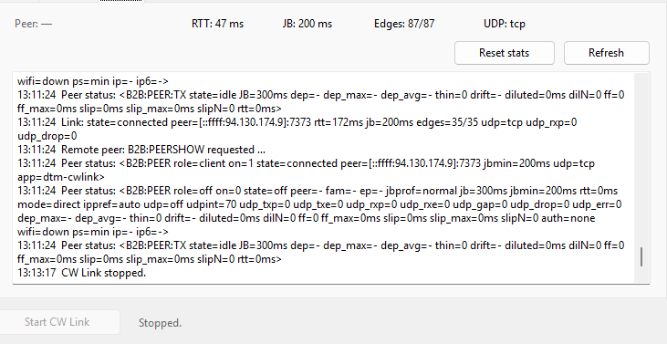 CW Link status tab showing round-trip time, buffer, edges and connection path