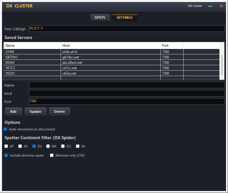 DX Cluster Settings tab