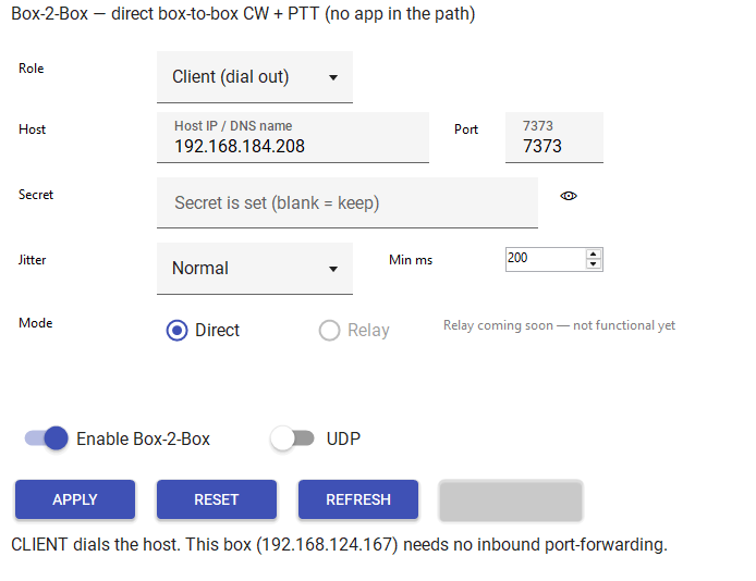 Hardware Settings BOX-2-BOX tab — Role, Host, Port, Secret, Jitter, Mode, Enable toggle, and status panel