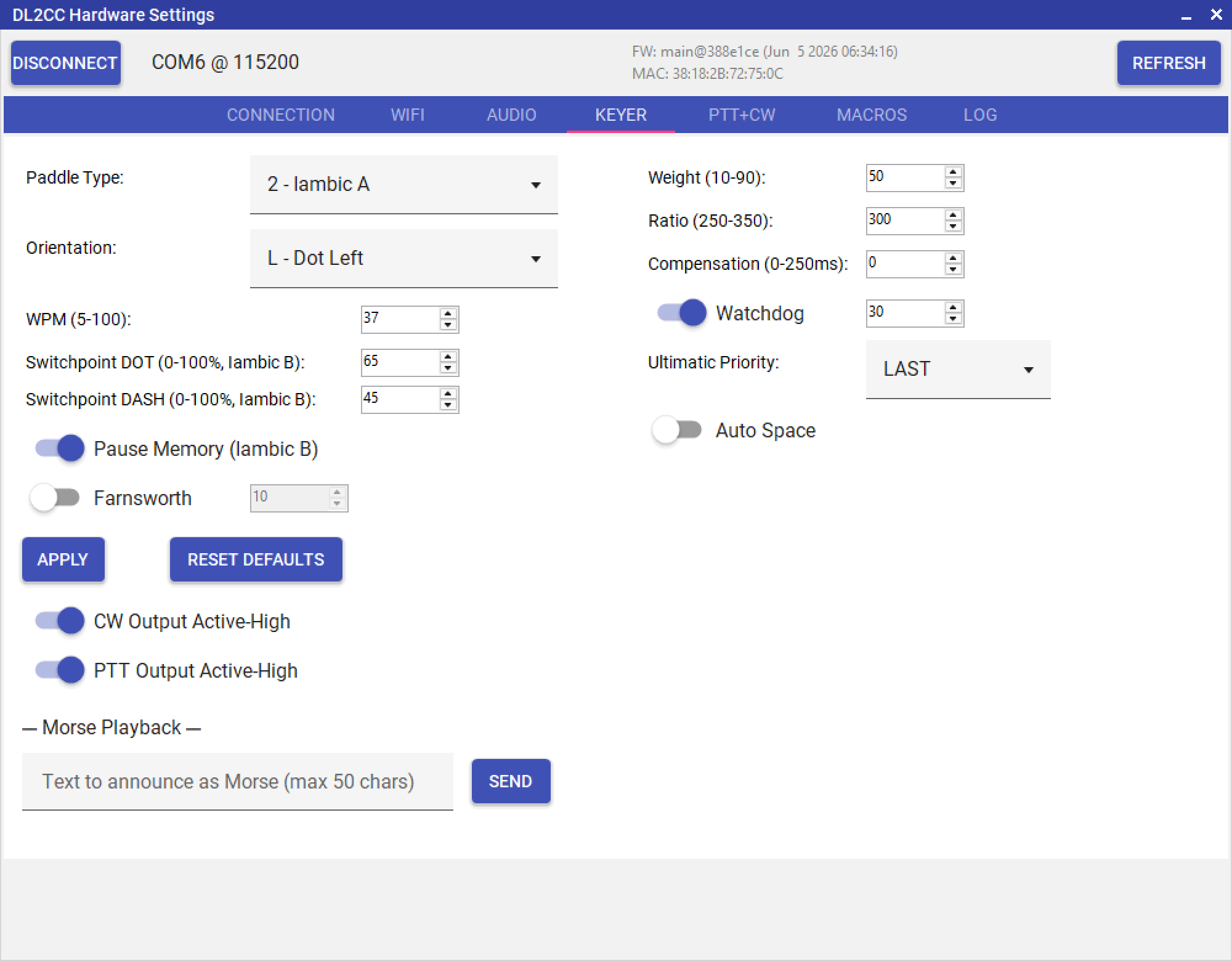 Hardware
              Settings Keyer tab
