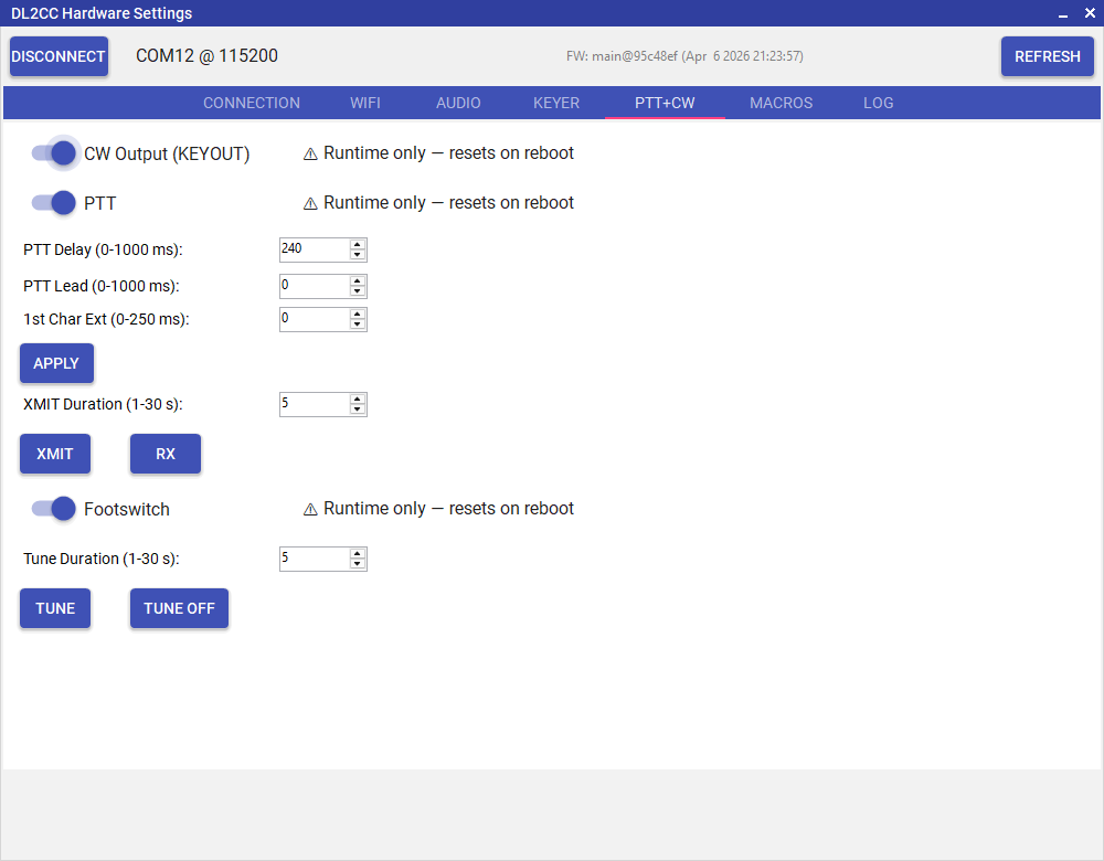Hardware
              Settings PTT+CW tab