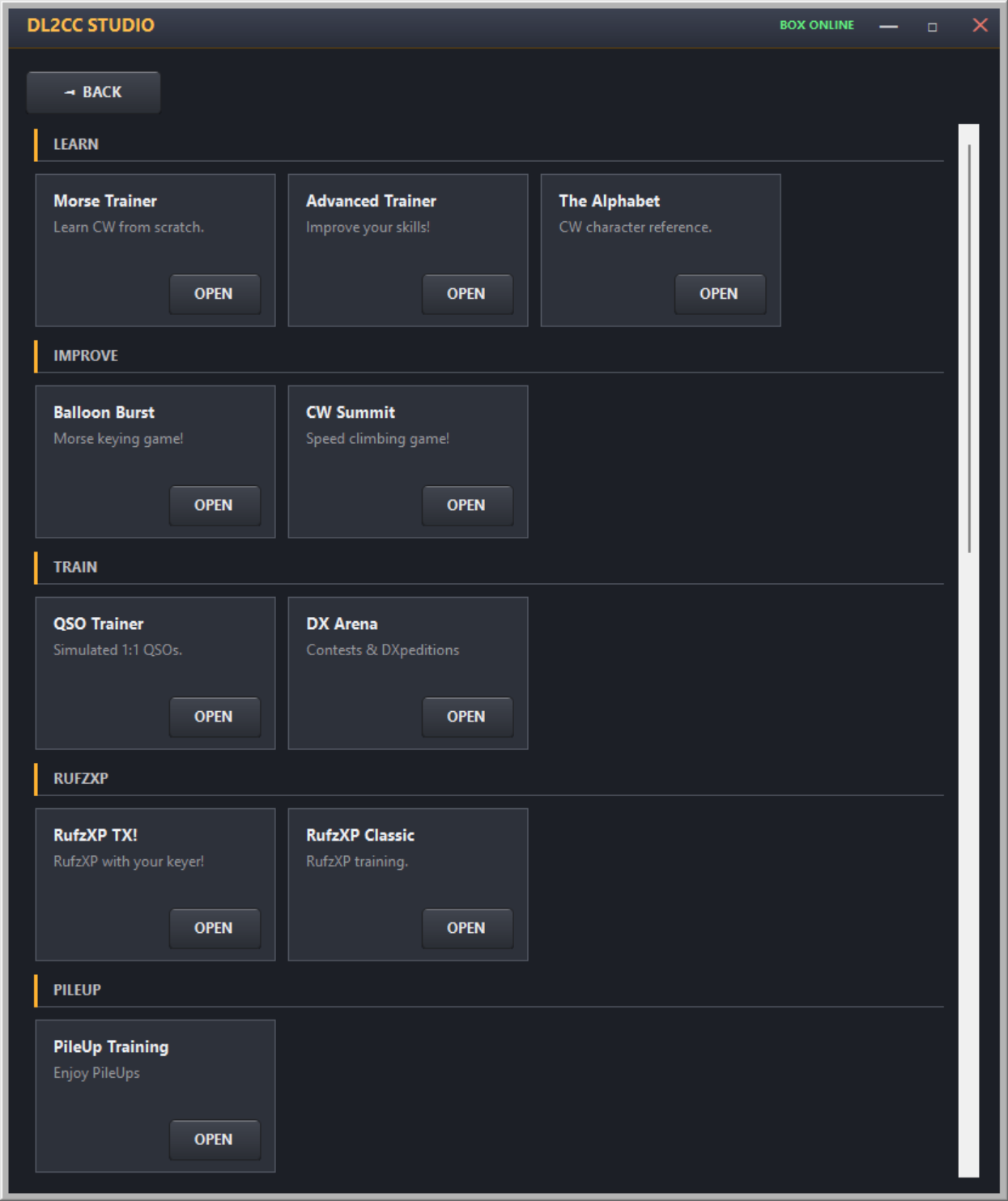 CW menu, upper section with learning, improvement and training tools