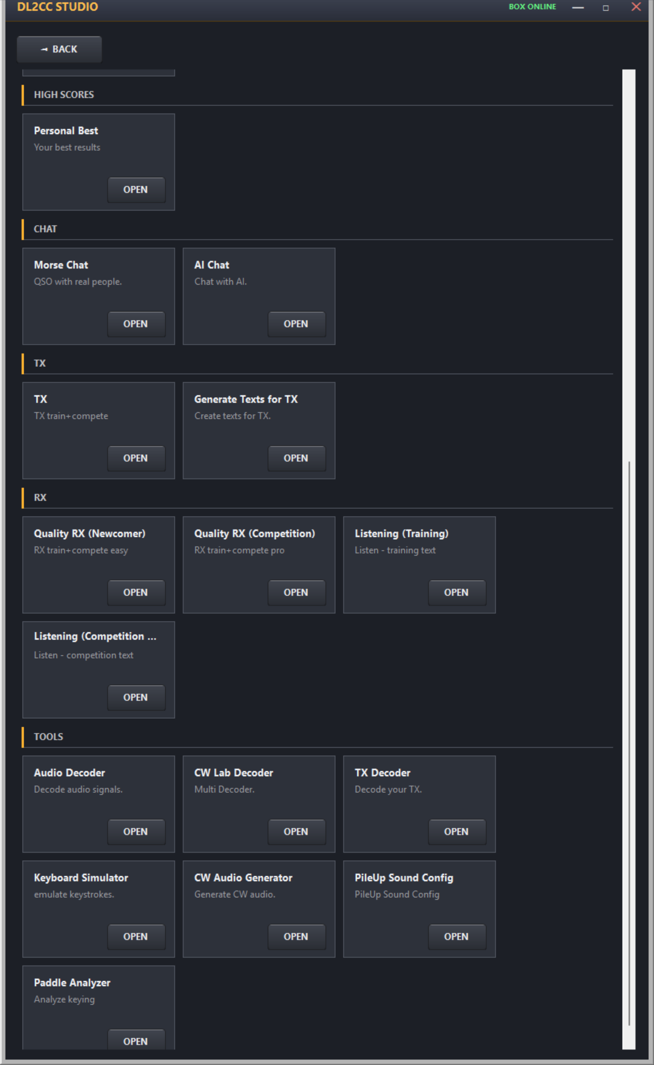 CW menu, lower section with scores, chat, TX, RX and analysis tools