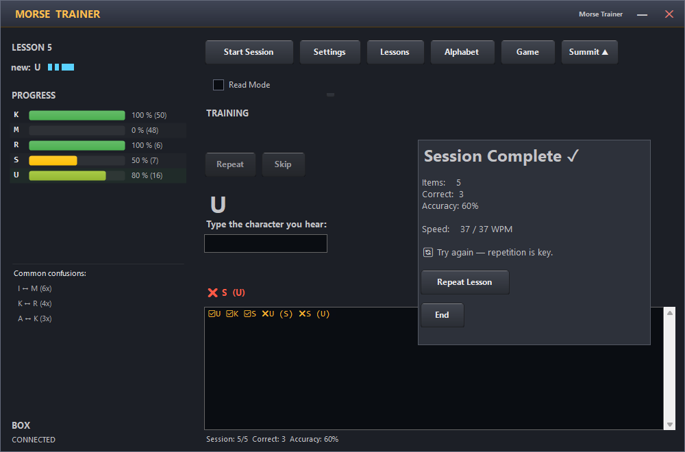 Morse Trainer session view