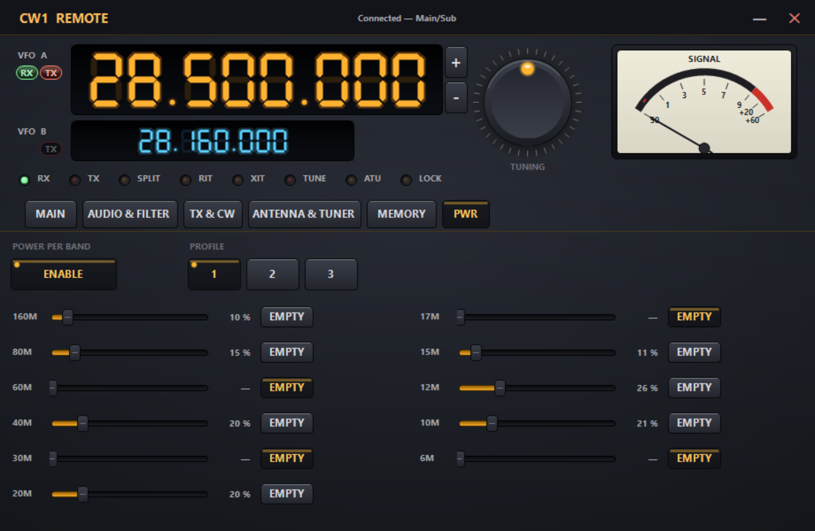 Remote Control PWR
              tab — power per band
