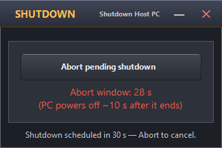 Shutdown Host PC client window — pending state with the Abort button and countdown