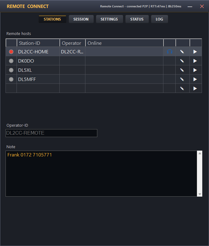 Stations tab
              in Client role: a dashboard of remote hosts with live Status,
              Operator and Online columns plus per-row edit and connect buttons