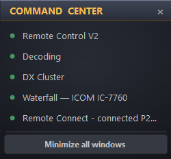 Command Center window switcher listing all open remote-session windows