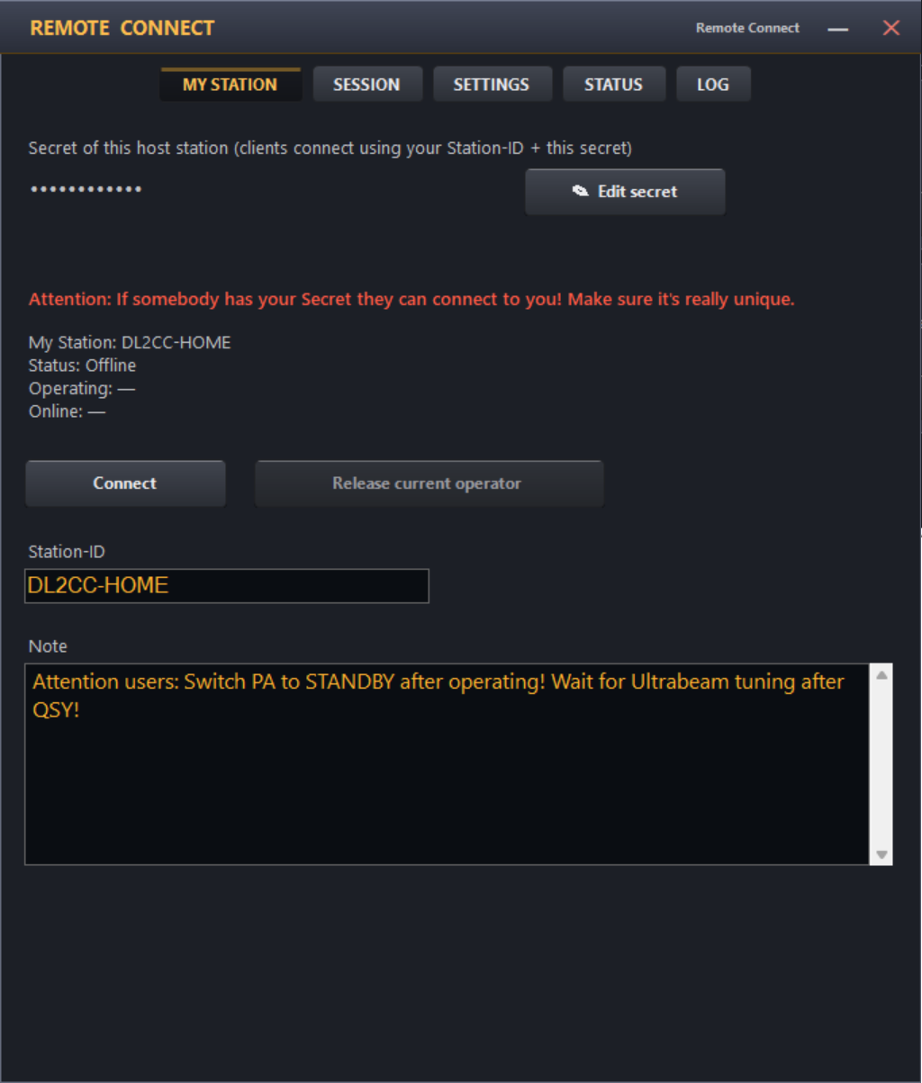 My Station
              tab in Host role: a masked secret with an Edit secret button, and a
              live status panel showing who is operating and online
