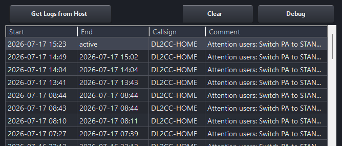 Log tab showing the session history table