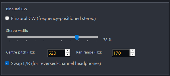 Audio settings — Binaural CW controls on the Client