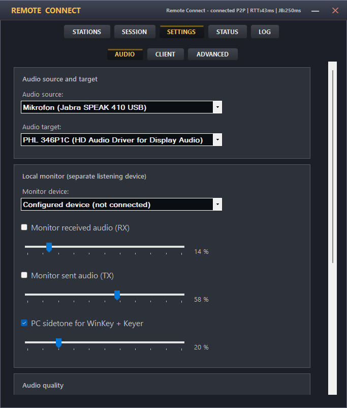 Audio settings — Client, set up for a digital mode