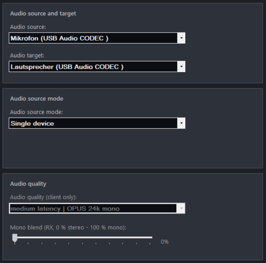 Audio settings — Host with dual-mono combine