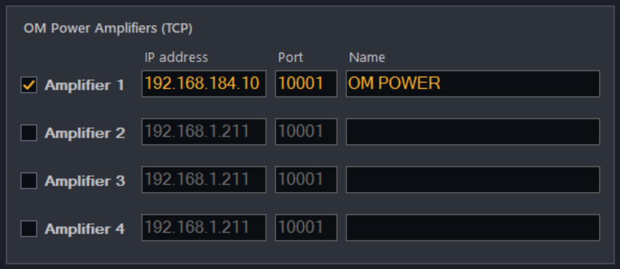 Host settings — OM Power Amplifiers card