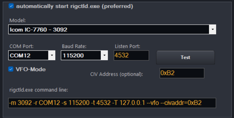 Host settings — Local rigctld.exe launcher card