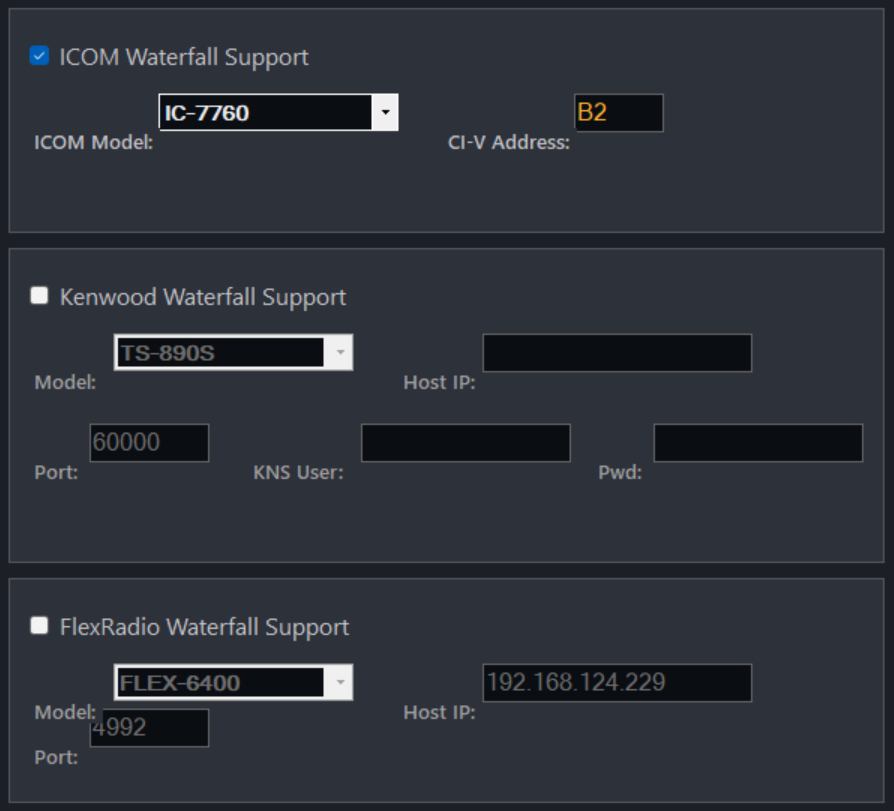 Host settings — ICOM, Kenwood and FlexRadio waterfall cards
