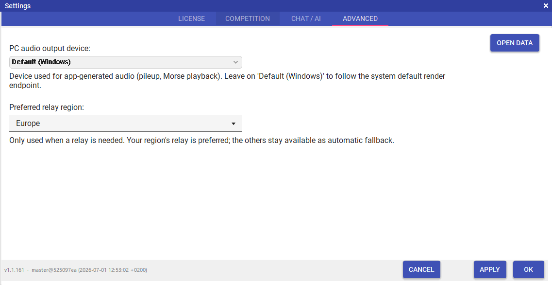 Settings — Advanced tab with PC audio output device picker